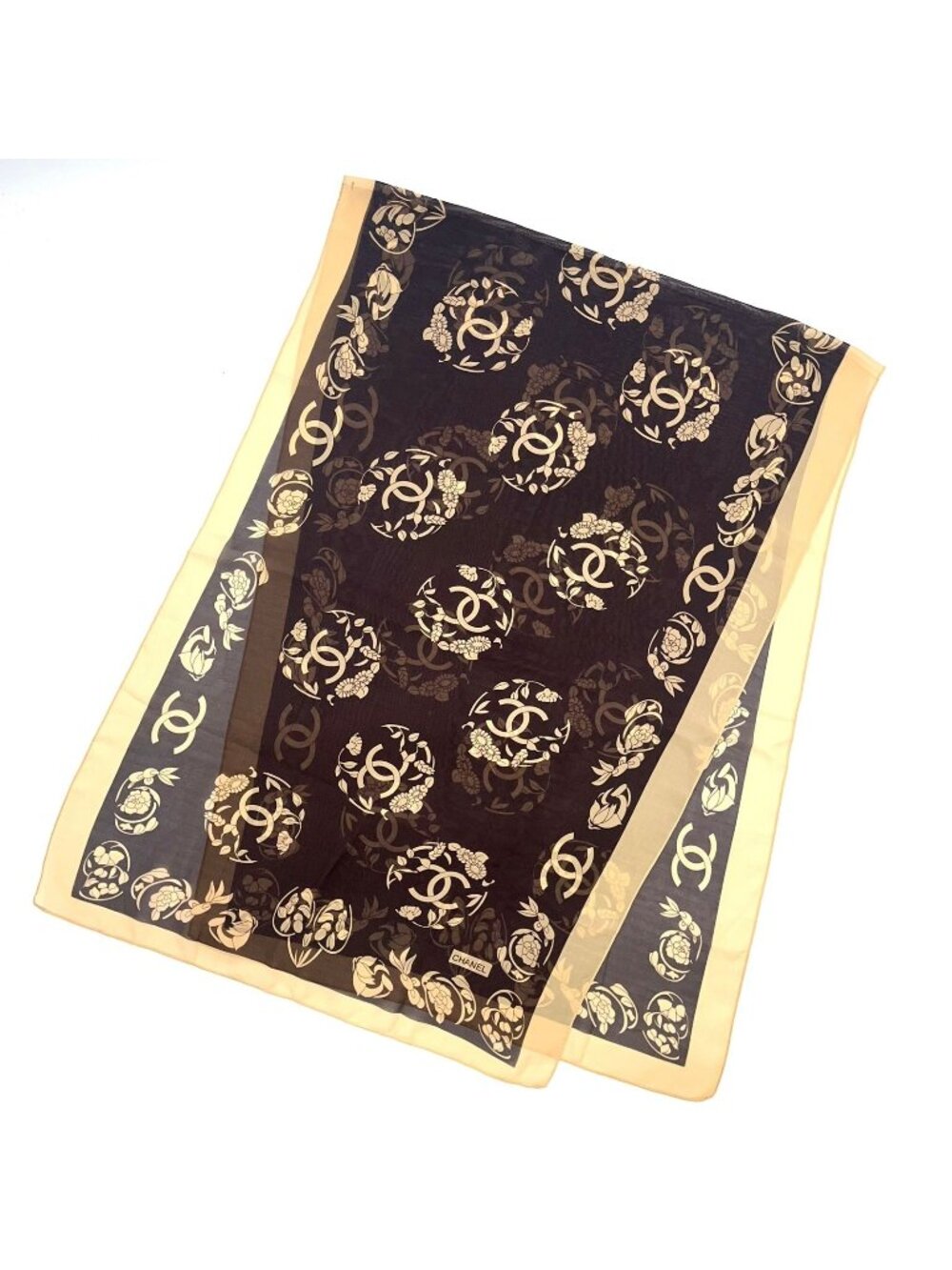 Chanel CC Logo Flower Motif Silk Brown Beige Scarf